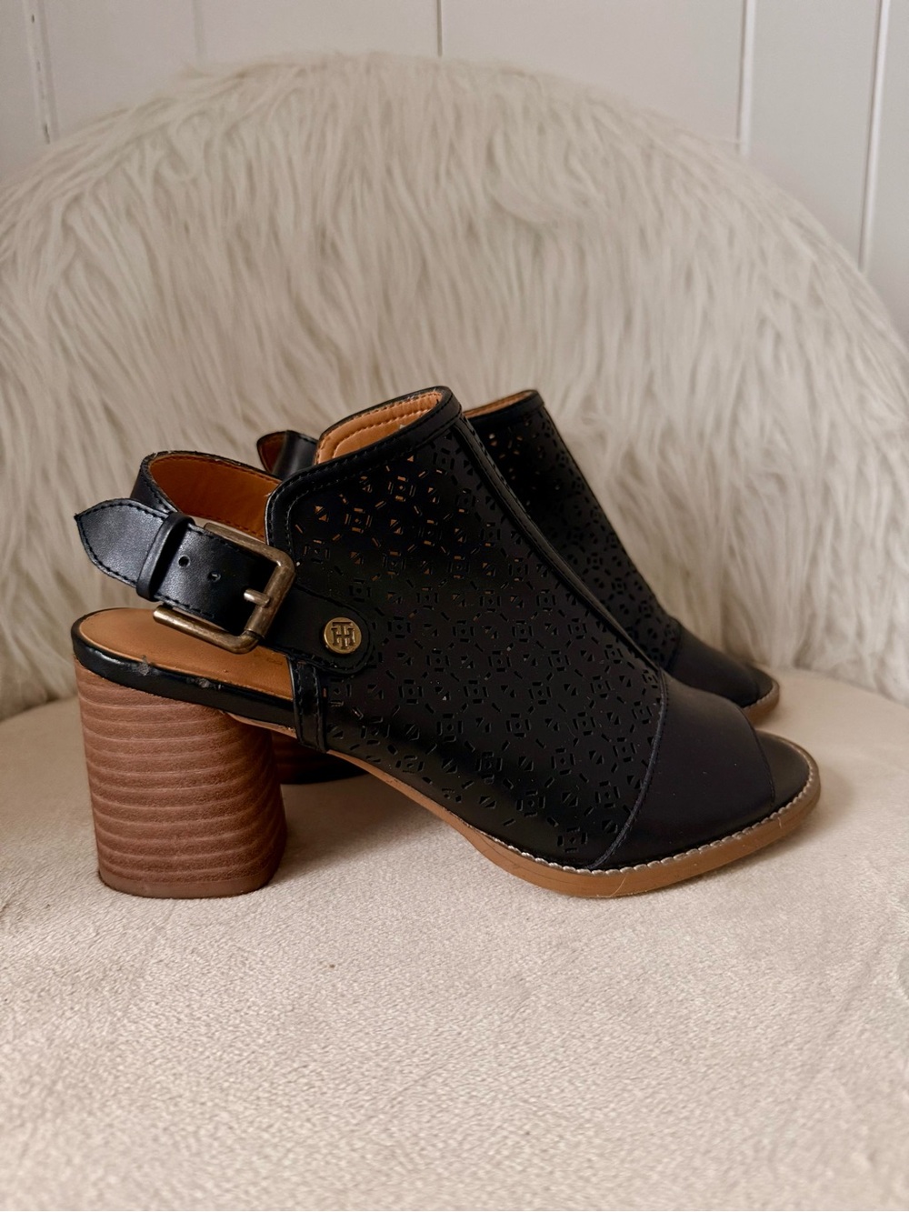 Tommy Hilfiger Black Perforated Leather Open-Toe Slingback Mules